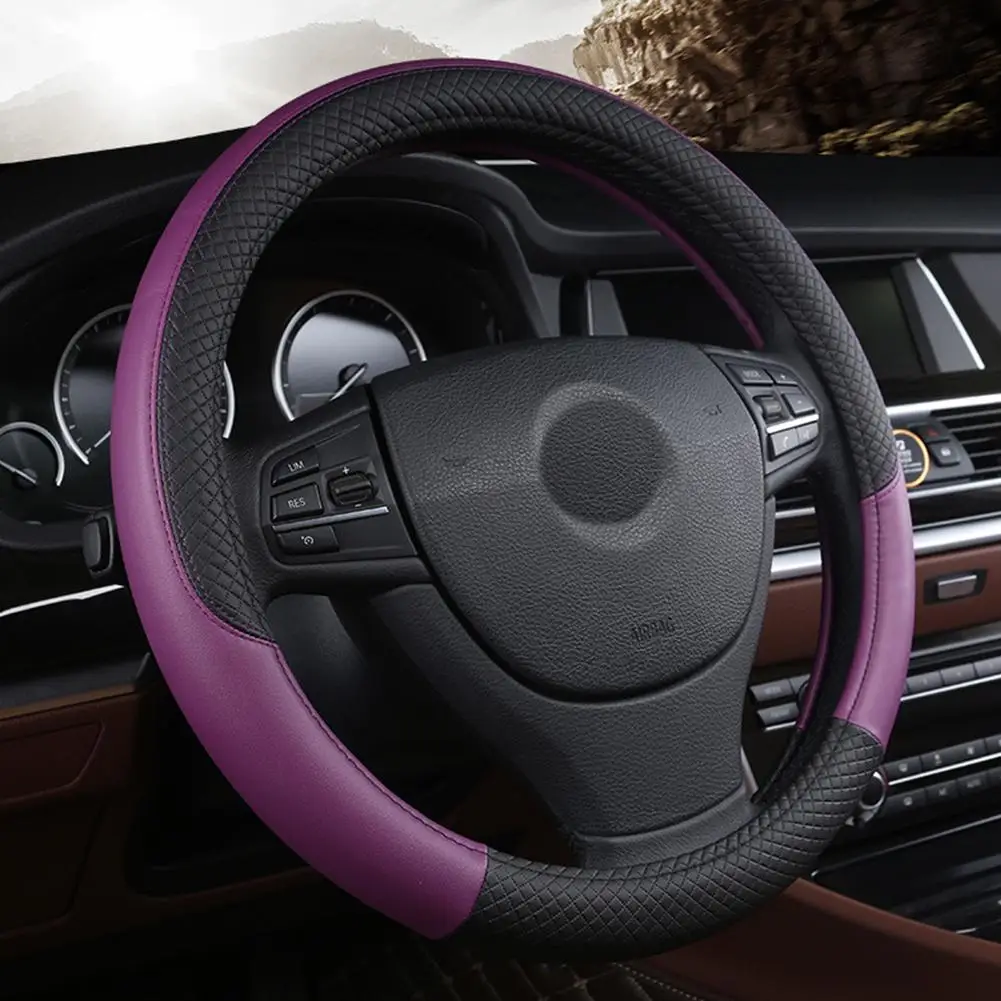 38cm Steering Wheel Cover PU Leather Anti Slip Steer Wheel Protector Breathable Fiber Braid Universal Steering Cover