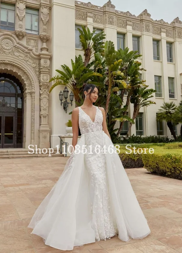 Elegant Wedding Dresses 2024 Sexy v Neck Applique Side Trailing Skinny Mermaid Floor Length Customised Gowns vestidos para muje