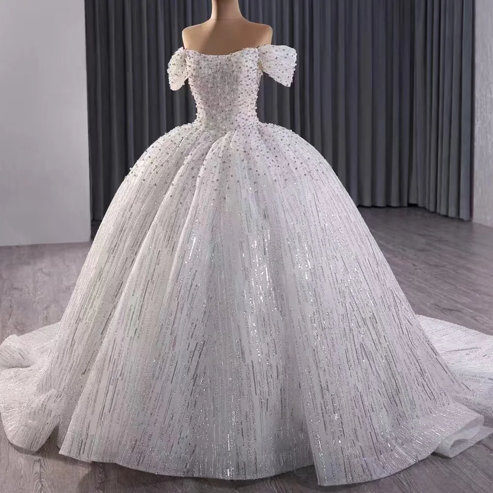 Luxury Strapless Off The Shoulder Wedding Dress With Lace-Up Back Pearls Sequins Customizable Princess Style Vestido De Novia