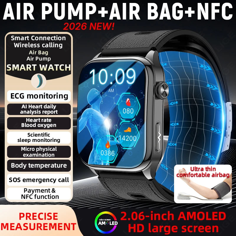 

LIGE 2026 Новые умные часы для здоровья, воздушный насос, ЭКГ, настоящий точный кровяное давление, 2,06 дюйма, AMOLED-дисплей, подушка безопасности, умные часы для мужчин и женщин