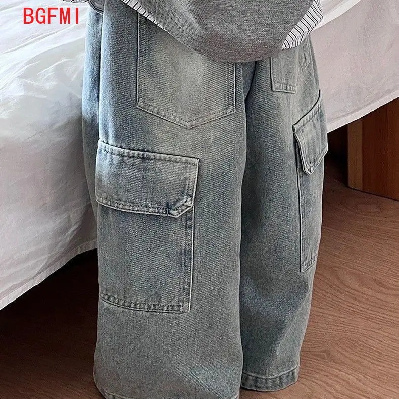 Korean Children's Jeans Loose Straight Pants Wide Leg Cargo Pants for Boys Girls New Spring Autumn Kid's Denim Pocket Trousers - Image 5