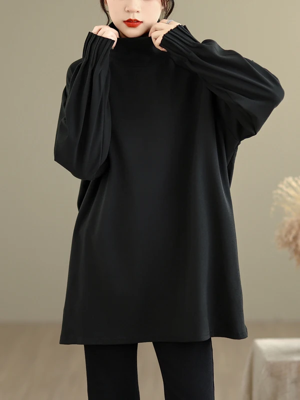 ファッショナブルなハイカラー、カラフルなアコーディオンスリーブTシャツ、ゆったりとしたプラスサイズの女性用カジュアルスリーブロングスリーブベースTシャツ