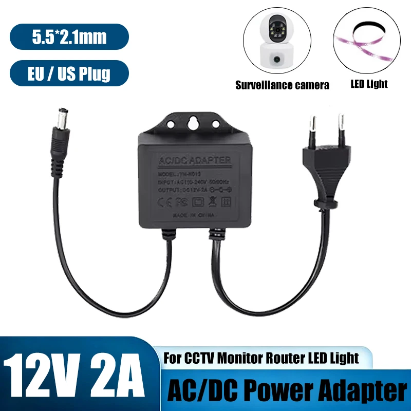 

DC 12V 2A EU/US Plug Power Supply For CCTV Security Surveillance Camera DVR LED Light AC100V-240V 5.5*2.1mm Plug Power Adapter