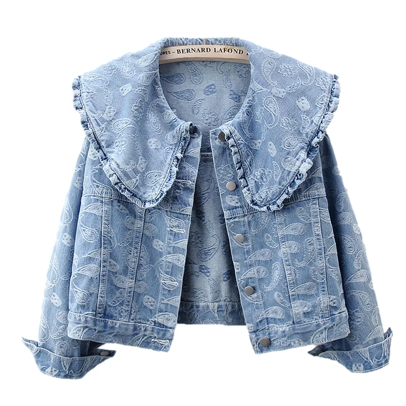 Autumn Korean Vintage Blue Print Peter Pan Collar Denim Jacket Women Cowboy Outerwear Loose Casual Short Jeans Jackets Female