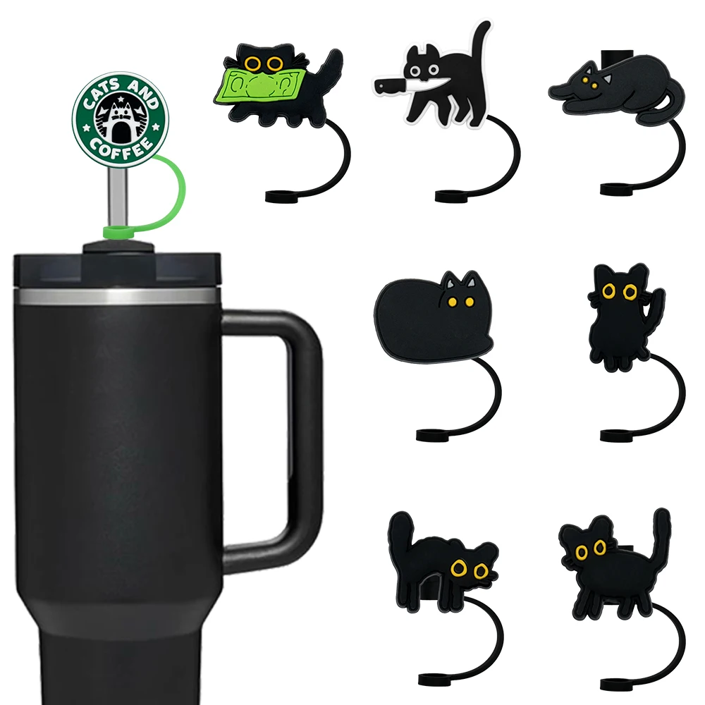 1/2/8 قطعة غطاء القش لطيف القط الأسود اكسسوارات ل بهلوان كوب ، سيليكون القش توبر الشرب تلميح ، 8 مللي متر الغبار غطاء من القش