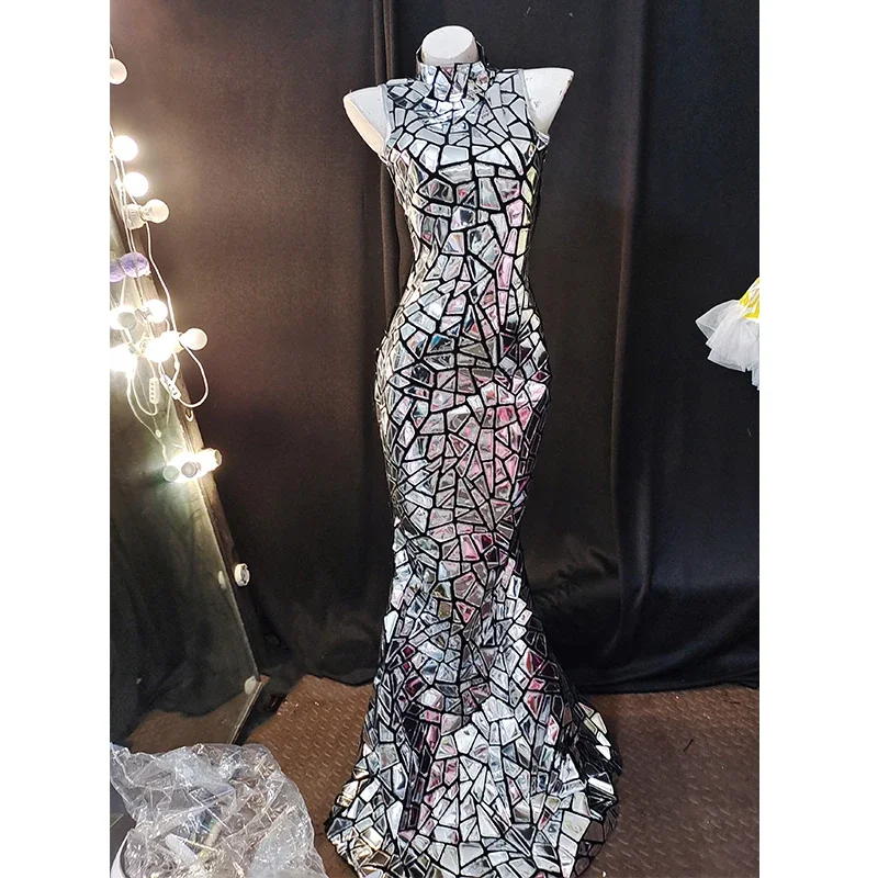 Silver Mirror Sequins Long Dress Singer Stage Costume Festival Clothing Adult Female Evening Dresses Nightclub Rave Outfit