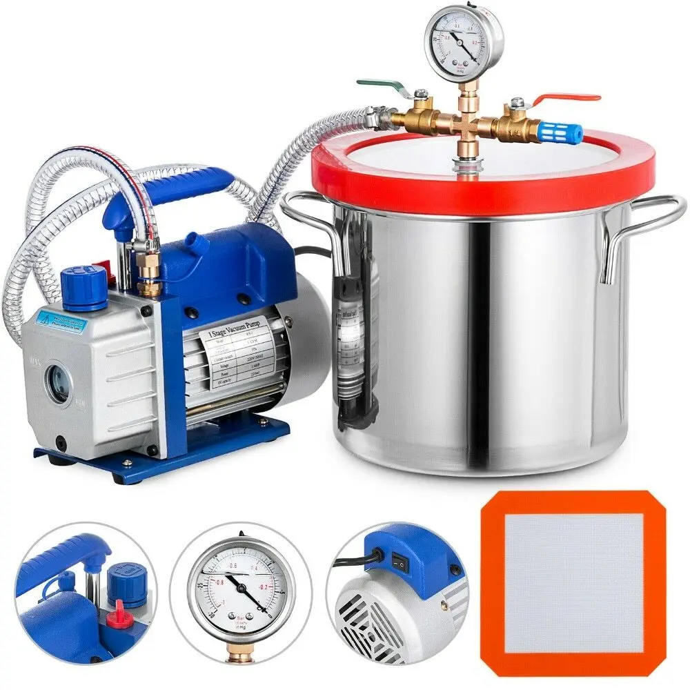 Industrial 5 Gal Vacuum Chamber Set 5CFM Rotary Vane Vacuum Pump for Epoxy Resin Degassing Wood Stabilization
