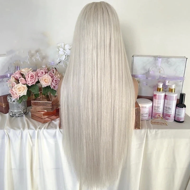 ZXBMALWIGS غلويليس طويل البلاتين شقراء الاصطناعية الشعر الناعم الدانتيل الجبهة الباروكات للنساء البيض 26 بوصة شفافة شعر مستعار مستقيم #3