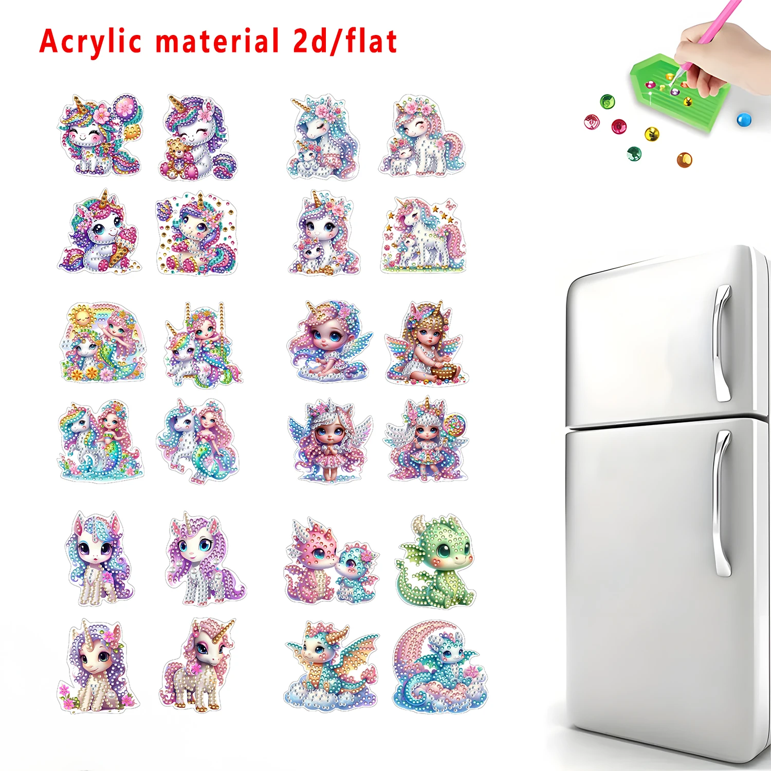 Juego de 4 imanes para nevera con pintura de diamantes, con diseño artístico de unicornio colorido de dibujos animados, decoración de nevera DIY