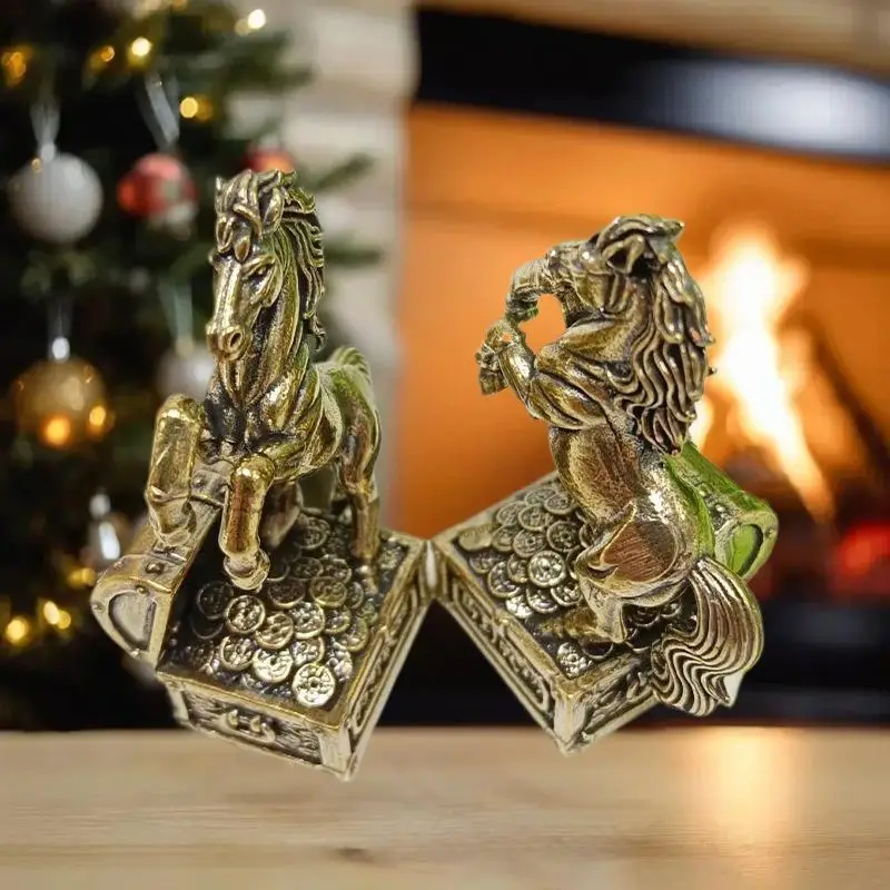 Feng Shui Zodiac Horse Brass Figurine Decor; Miniature Horse Statue Ornament for Home and Office; Unique Brass Craft Gift Item
