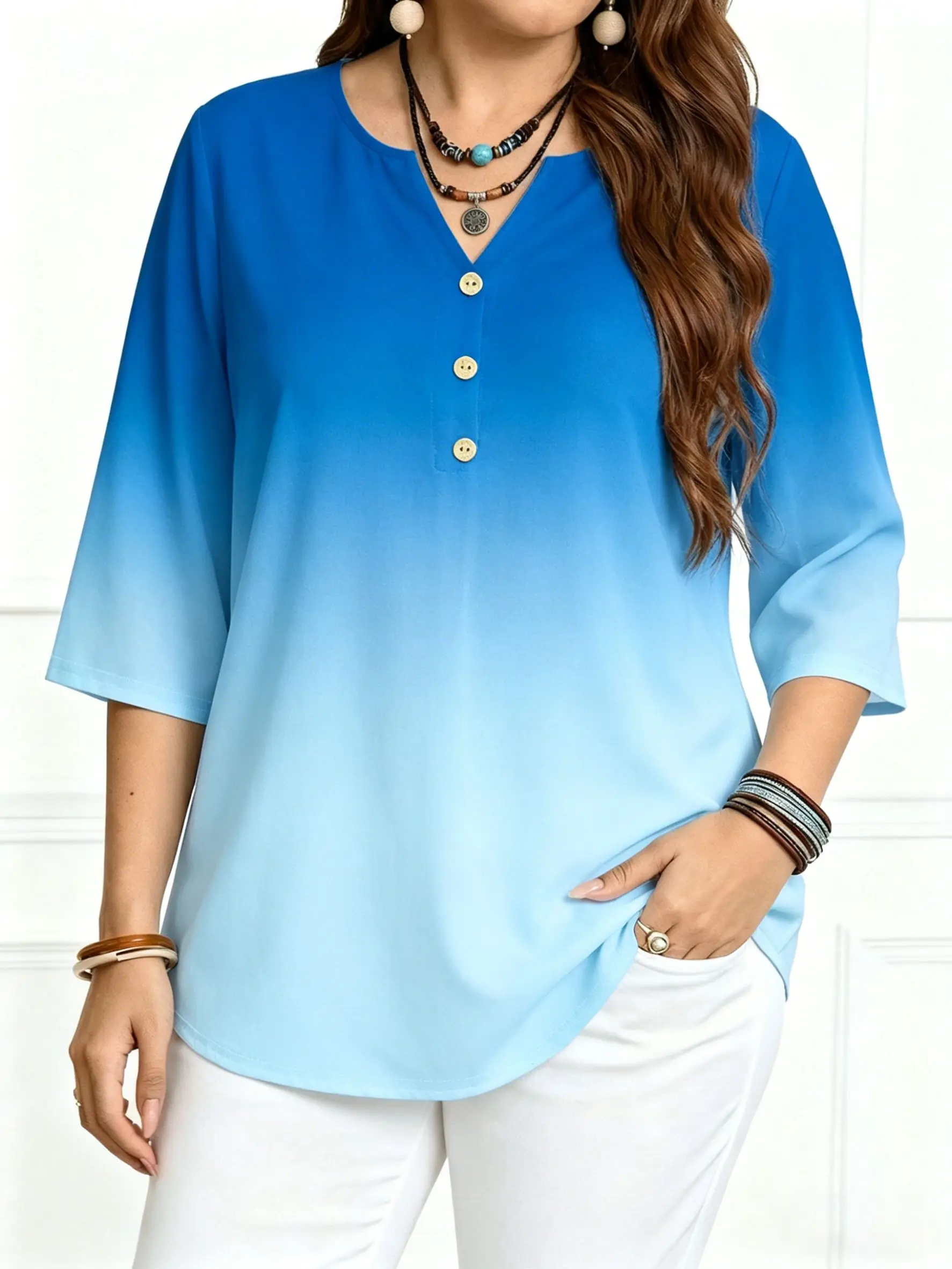 Plus Size Notch V Neck Blouse 3 Decorative Buttons 3/4 Sleeve Gradient Blue Solid Color Loose Soft Women Casual
