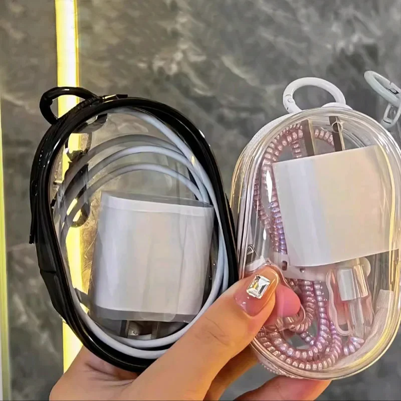 Nuevas bolsas de cosméticos transparentes cuadradas y redondas de PVC negro, organizador de joyas, Cable de datos portátil, bolsas de almacenamiento para cargador de monedas y auriculares