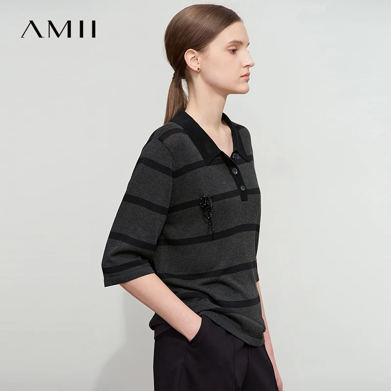 

Amii Minimalist Striped Women's Sweater 2025 Autumn New Knitting POLO Collar Pullovers For Ladies Fashion Loose Tops 12521002
