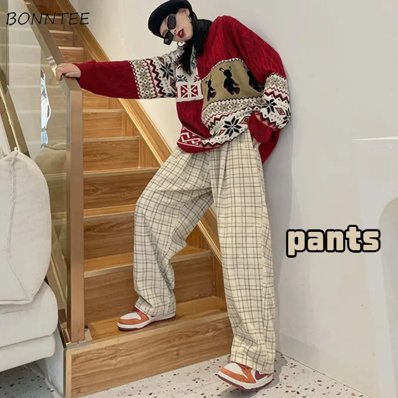 

Wide Leg Pants Women Spring Baggy Boyfriend Unisex Teens Trouser Cozy Joggers Plaid Retro Pantalones College Harajuku New Korean