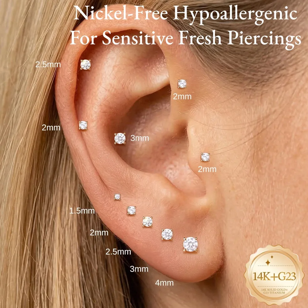 DIeSchein 14K Gold Helix Piercings Earrings for Women 18G Flat Back Earrings Gold for Piercing Cartilage Hoop Earrings Jewelry