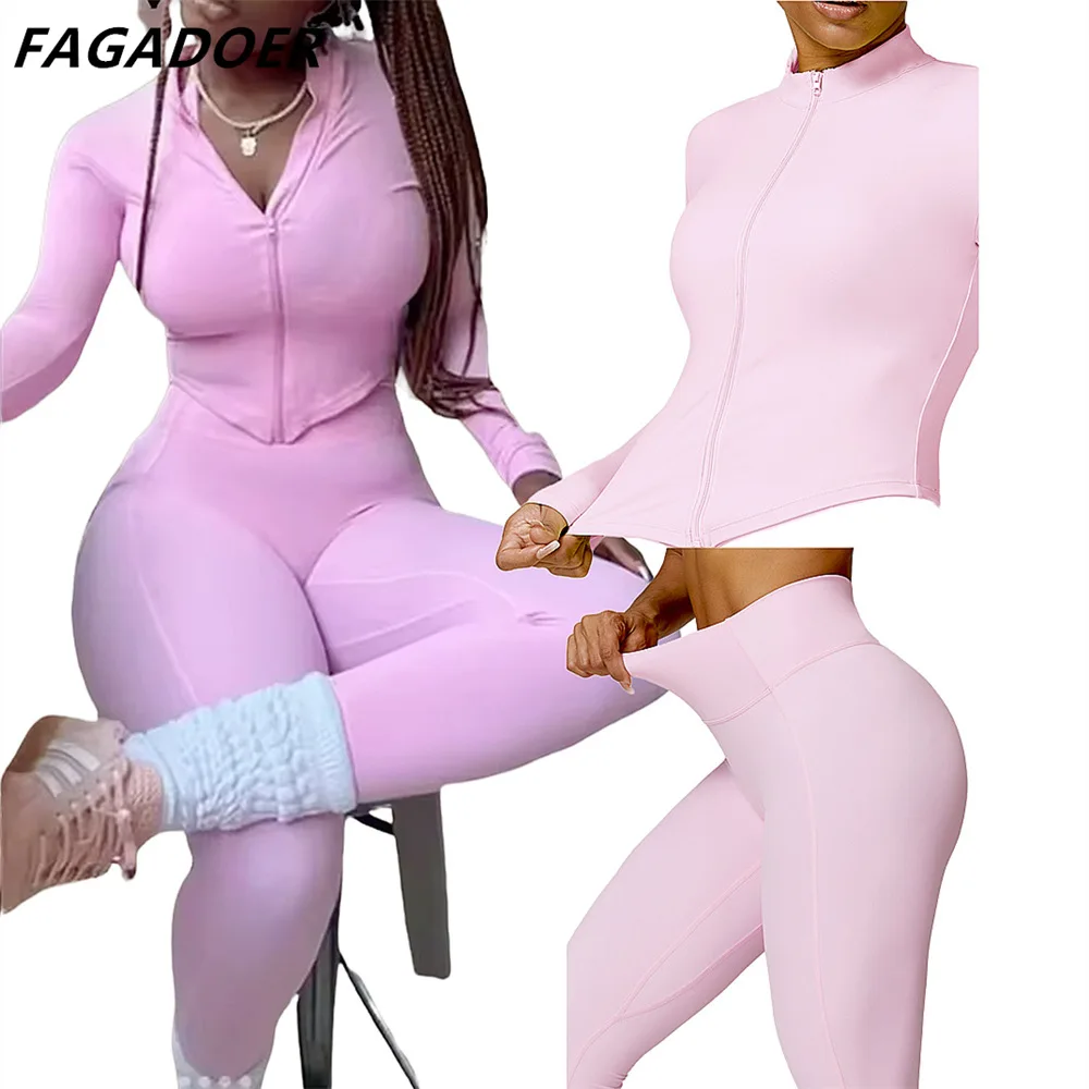 FAGADOER Candy Color Sporty 3pcs Sets Outfits Quality Stretchy Tracksuit Female Workout Street Wear Vest+Coat+Biker Shorts Suits