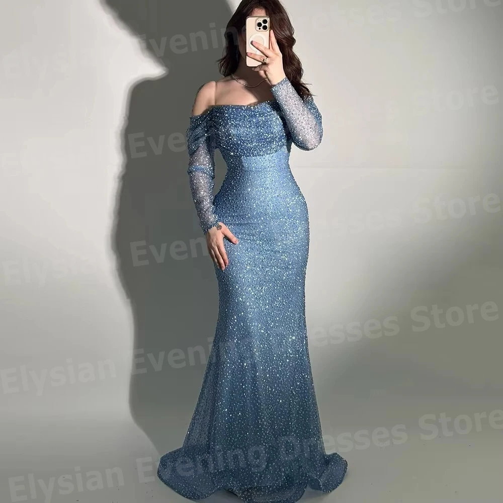 Robe De Soirée sirène scintillante pour femmes, épaules dénudées, personnalisée, robes De bal, manches longues, perles