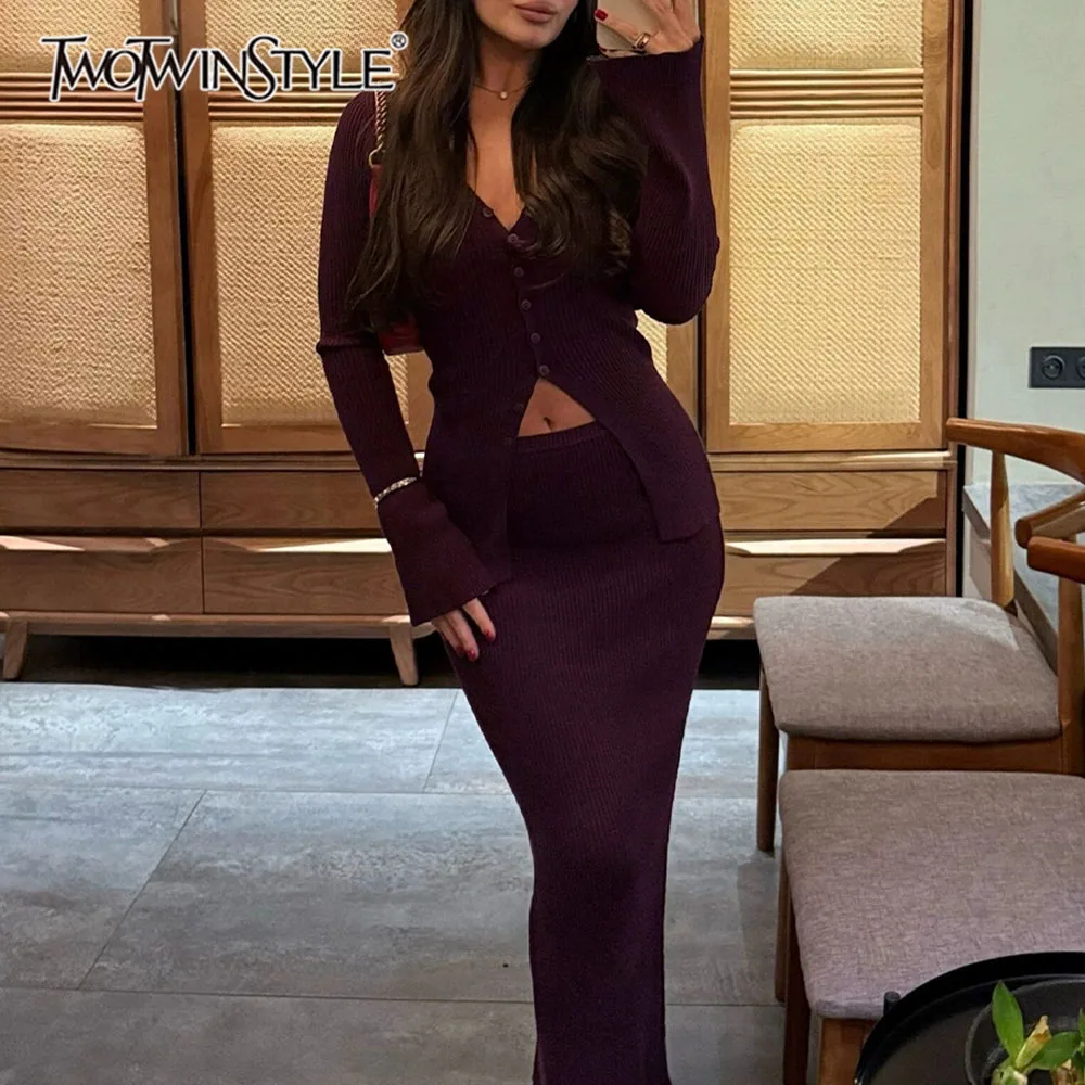 TWOTWINSTYLE Elegant Knit Two Piece Set Women V Neck Button Long Sleeve Sweater High Waist Maxi Skirt for Daily Dating Gathering