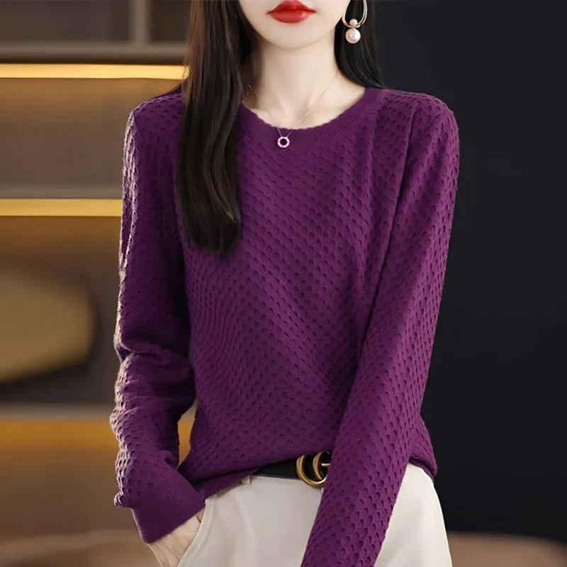 New Autumn and Winter Fashion High Grade Jacquard Design Sense Solid Color Versatile Loose Thick Round Neck Long Sleeve Sweater