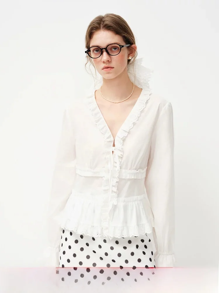 

Vivian Fanchen Long Sve V-ne Lace Patchwork Women's irt Spring 2026 New Sle Commute Sle Cotton Bell Sve