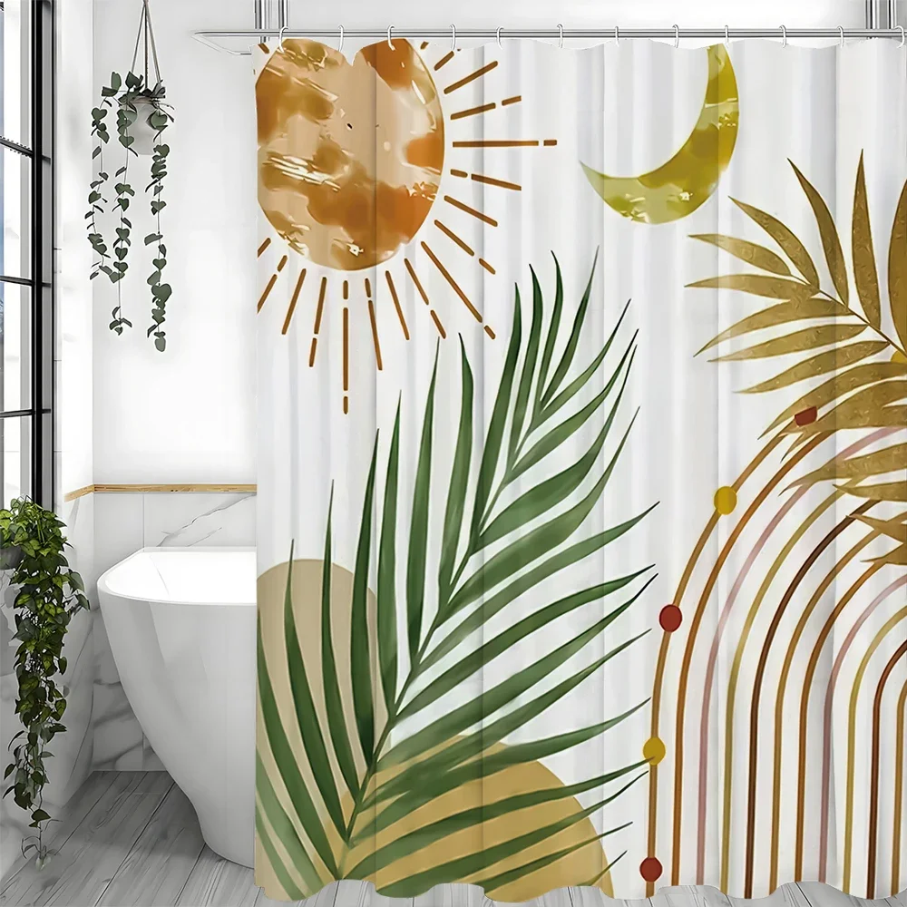 

Abstract Mid-Century Bohemian Leaf Sun Arch Moon Shower Curtain, Bathroom Decorative Shower Curtain, Waterproof Shower Curtain w