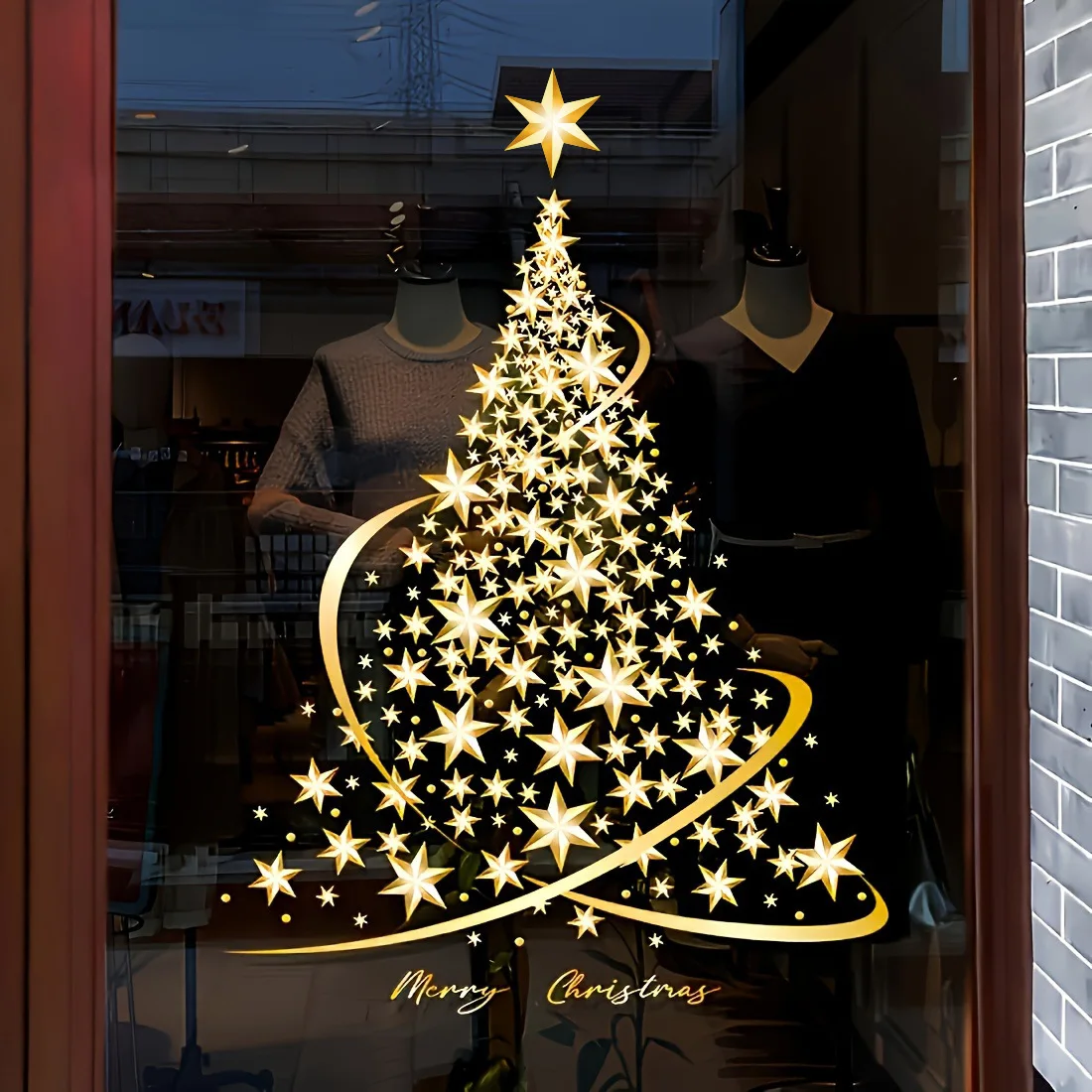 2025 New Classic Gold Christmas Tree PVC Static Cling Window Stickers Snowflake Window Decals for Smooth Glass Doors Windows