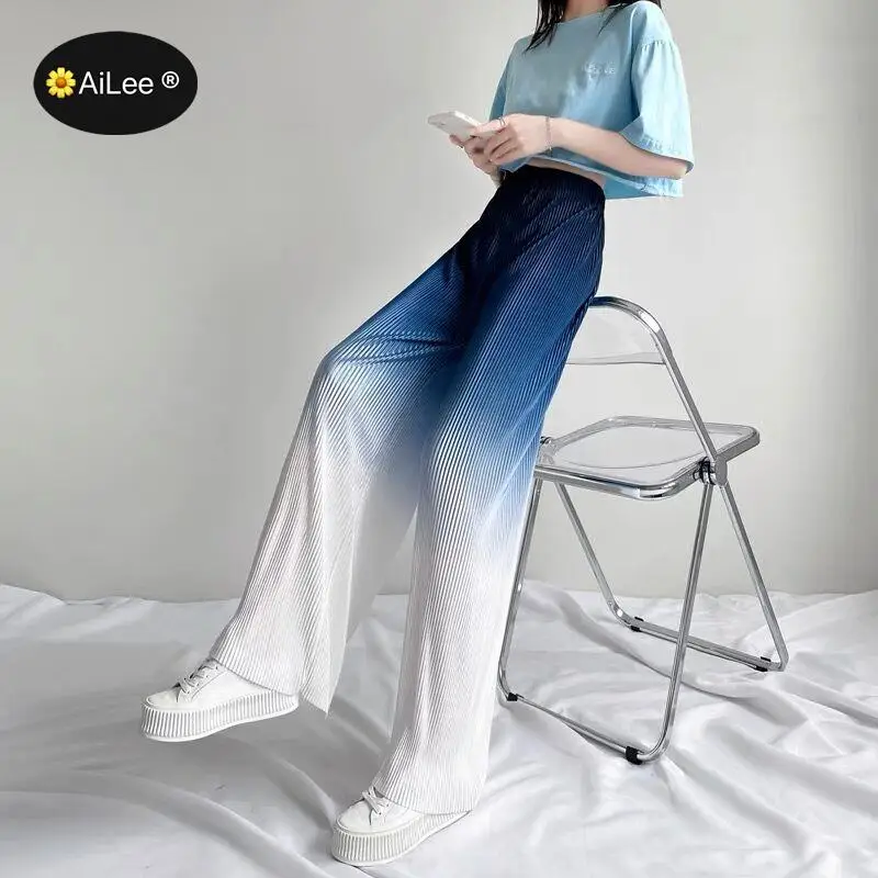 

Female Summer Ice Silk Gradient Color Wide Leg Pants Pleated Nine Points Trousers Ins High Waist Drape Skirt Straight Beach Pant