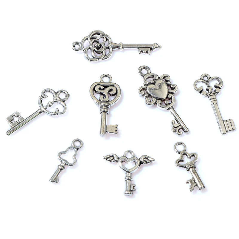 50Pcs Cổ Điển Nhỏ Key Charms Antique Bạc Mạ Hợp Kim Kim Loại Handmade Charms Mặt Dây Chuyền Tự Làm Đồ Trang Sức Làm Phụ Kiện Phát Hiện