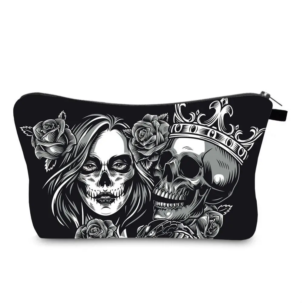 Gothic Zipper Makeup Bag Skull Pattern Storage Purse Cosmetic Bag Halloween Style Large Capacity Makeup Pouch Travel