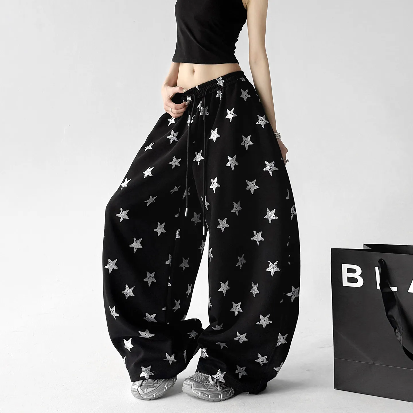 

SuperAen Black Star Print Pants Women 2026 Summer New Korean Style Loose Casual Full Length Wide-leg Pants