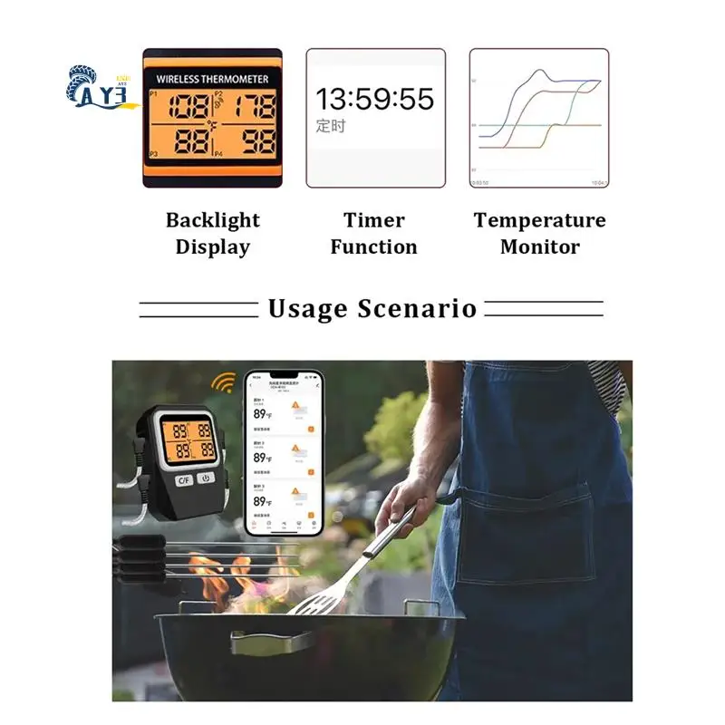 

AY03-Tuya 100M Wireless Meat Food Thermometer Kitchen Cooking Tool Oven Grill BBQ Bluetooth Temperature Meter(Silver) Durable
