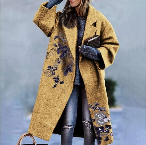 2024 new autumn and winter casual women's warm long-sleeved lapel coat printed thick woolen long versatile fashionable coat