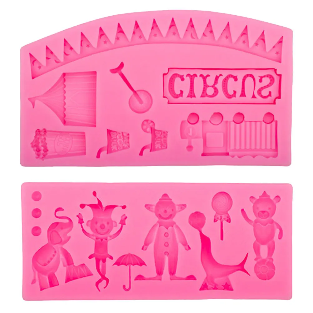 Molde de silicona para Fondant con temática de circo, herramienta de decoración de pasteles suave y Flexible, animales de dibujos animados, cumpleaños, eventos de boda, 2 uds.