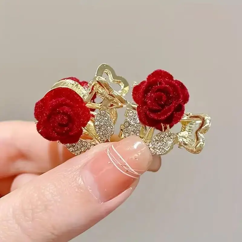 1Pc Fashion Rhinestone Rose Hair Clips Sweet Red Flower Hairpins For Women Hairwear Accessories Barrettes Jewelry