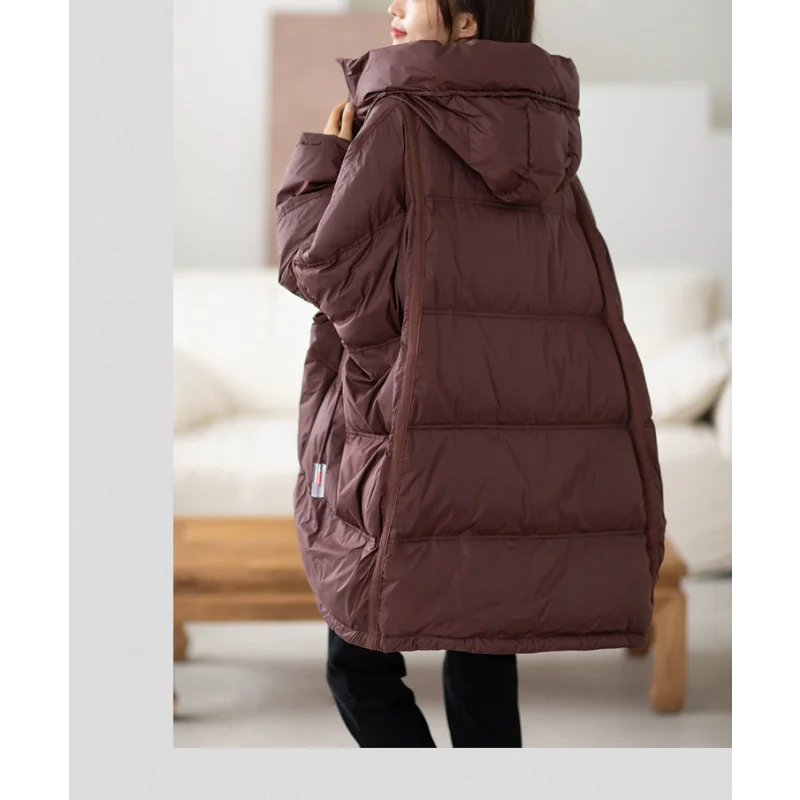 Oversized Women\'s Winter Puffer Coat, Warm Jacket, White Duck Down, Korean Hooded, Loose Parker Coat, Fall , 2024