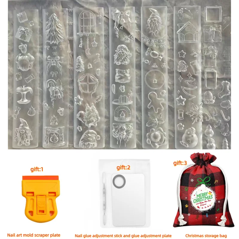 

Christmas nail art silicone mold Christmas tree gingerbread person crystal ball roasted chicken bonfire gift 3D nail art decorat