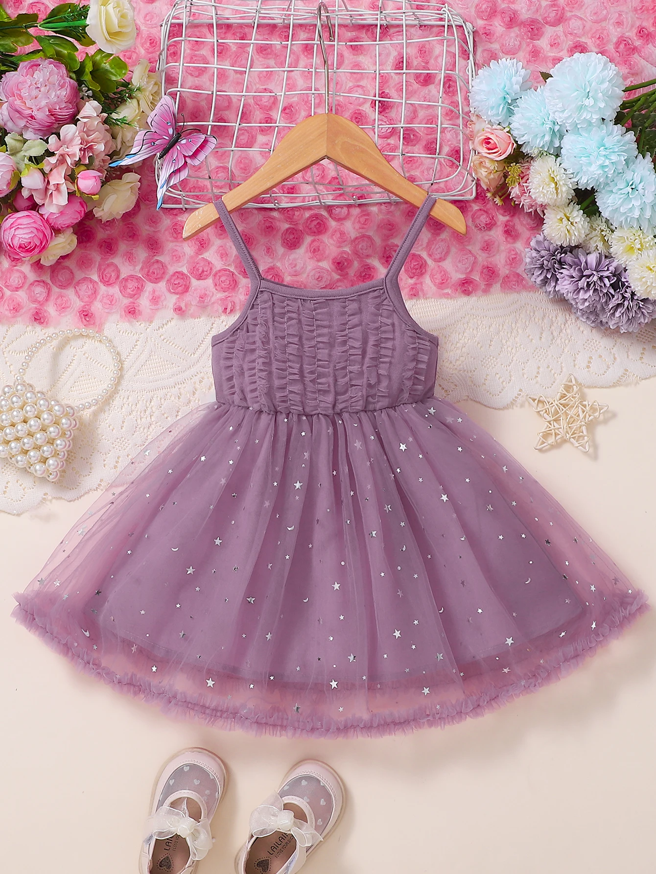 Light Purple Tulle Princess Skirt for Girls Summer Dreamy Starry Sky Star Print Puffy Strap Fairy Tale Outfit for Little Girls
