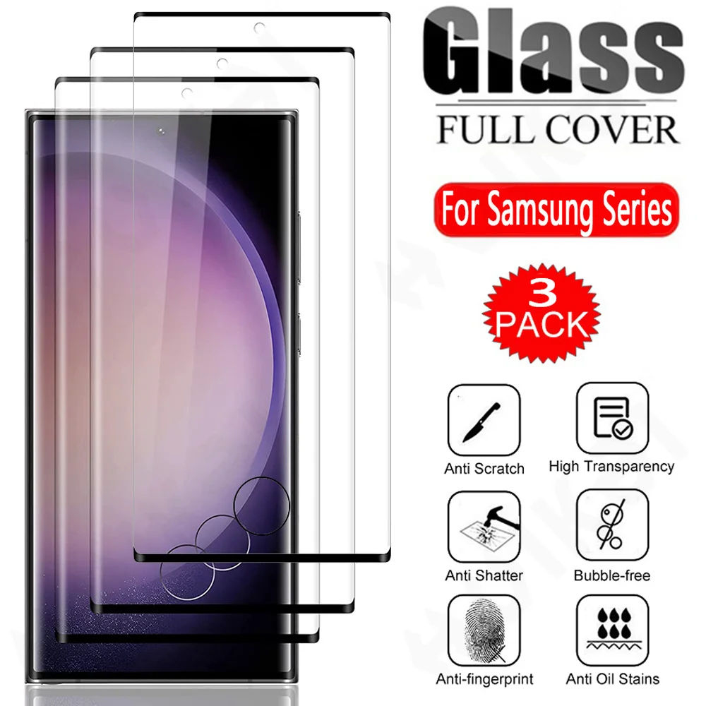 

3 Pcs Tempered Glass For Samsung Galaxy S23 S22 S21 Ultra Note 20 A54 A34 A14 A13 A53 4G 5G Curved Full Cover Screen Protector