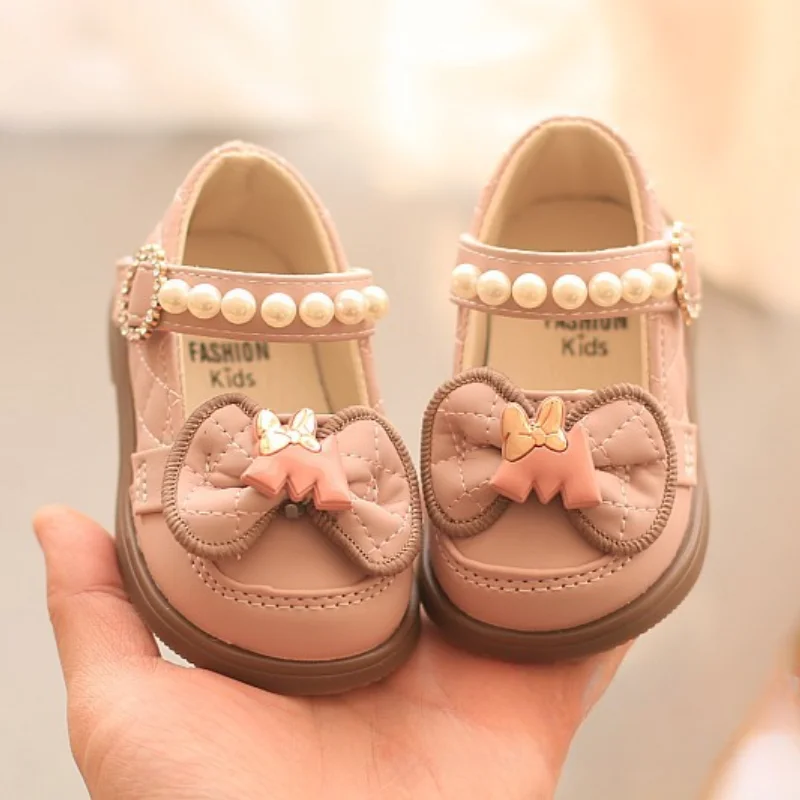 Autumn Baby Girls Cute Bow Leather Shoes 2024 Spring Pearl Bow Princess Shoes Soft Children Baby Toddler Single Shoes