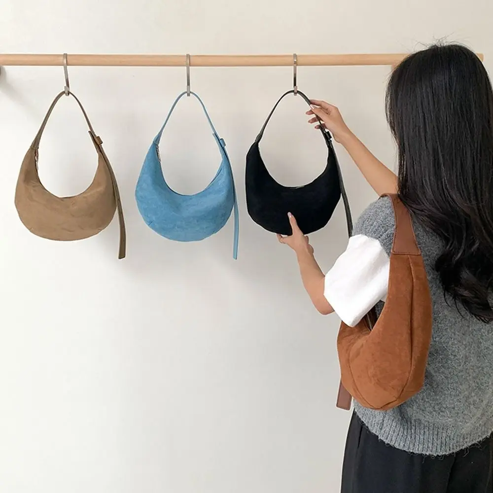 

Sweet Korean Style Suede Shoulder Bag Retro Maillard Style Dumpling Bag Solid Color Zipper Underarm Bag Girls