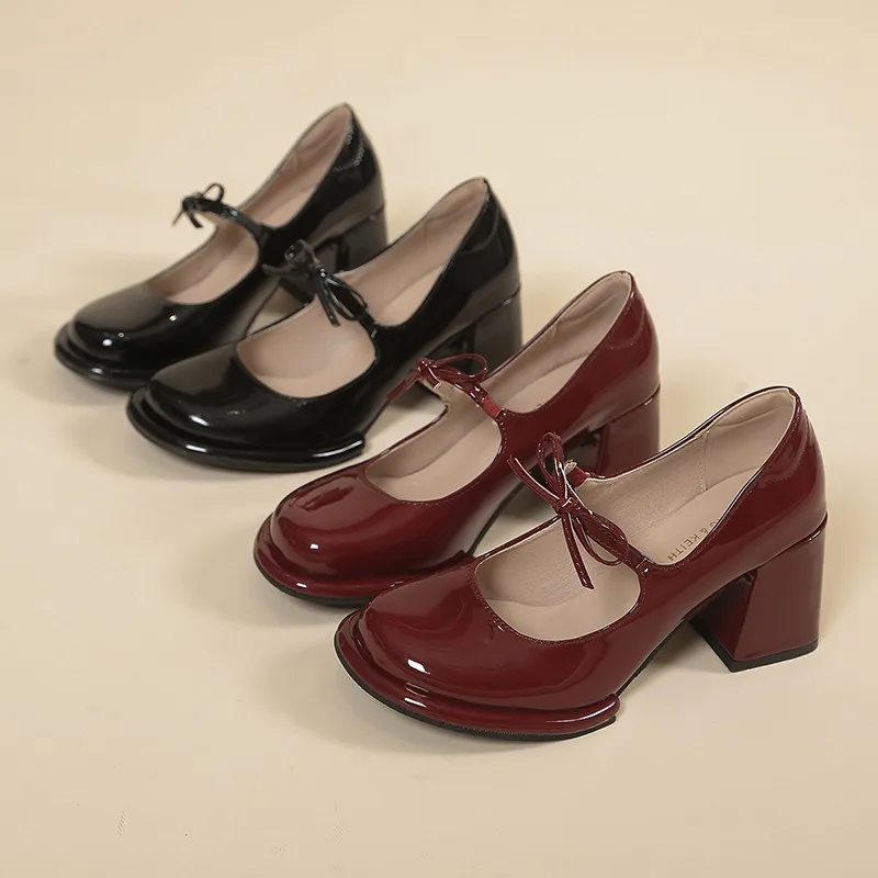 2024 Summer Good Quality Sweet Burgundy Mary Janes Pumps Women Chunky High Heeled Shoes Footwear red heels ladies shoes