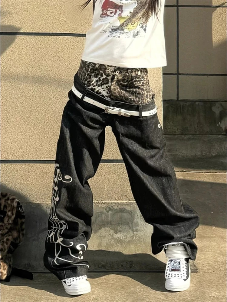 Women's Leopard Print Patchwork Design Jeans Casual Pants Street Unisex Sweatpants Wide Leg Bottoms Female High Waist Trousers