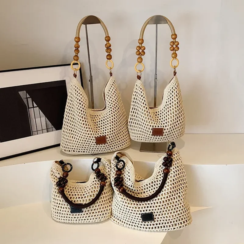 

2025 Summer Beach Bag Mesh Woven Lace Bow Shoulder Purse Large Capacity Clutch Purse Solid Color Shopping Vacation Travel Bag