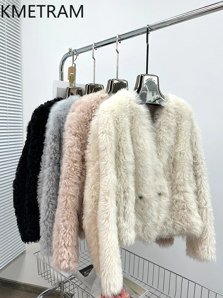 100% 천연 투스카니 양모 양가죽 양면 퍼 재킷 여성용 브이넥 숏 리얼 퍼 코트 여성 2025 겨울 의류 퍼