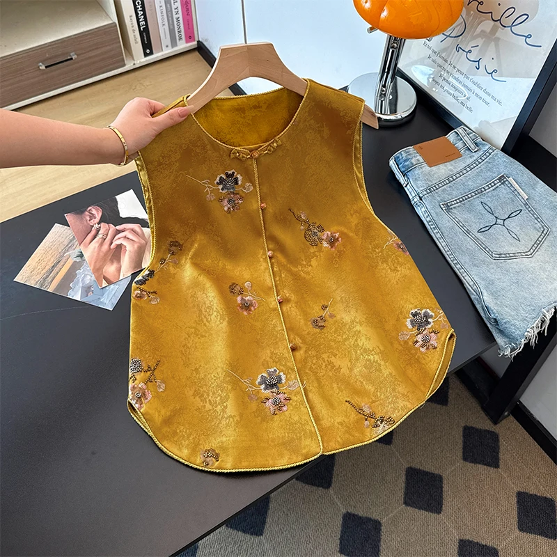 Retro Chinese Style Embroidered Silk Satin Vest Women's Spring Autumn Outerwear round Neck Jacket Traditional Chinese Fashion