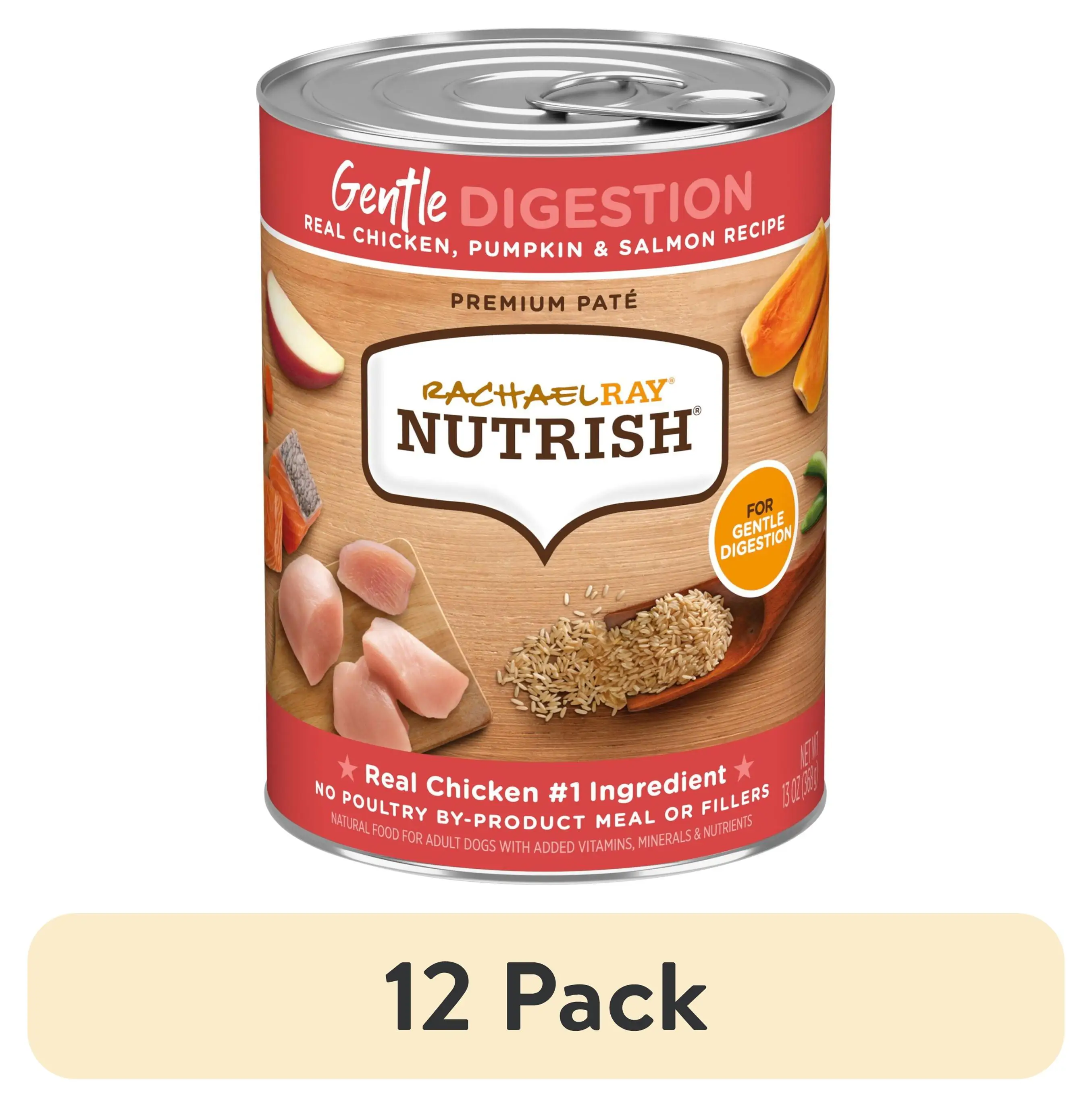(12 pack) Rachael Ray Premium Paté Gentle Digestion Real Chicken, Pumpkin & Salmon Recipe Wet Dog Food, 13 oz. Can