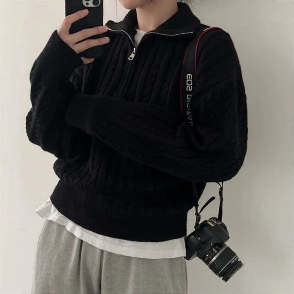 Casual Women's Sweaters Autumn Winter Loose And Fashionable Lazy Style Twist Knitwear Zippered Long-sleeved Pullover Clothes