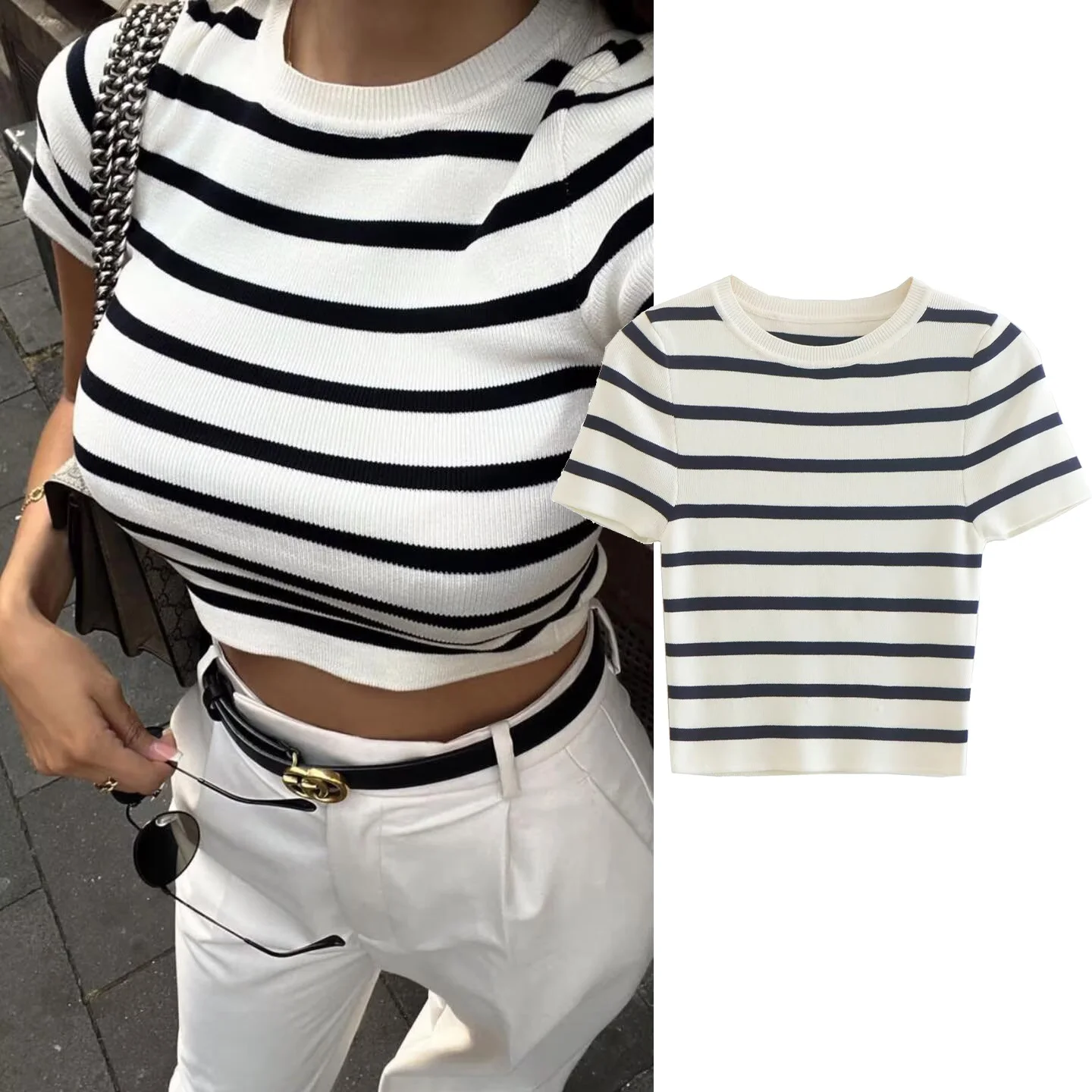 

EDSA Women Cropped Knit Sweater Pullovers Striped Tank Top Female Autumn Winter Short Sleeve Crop Tops