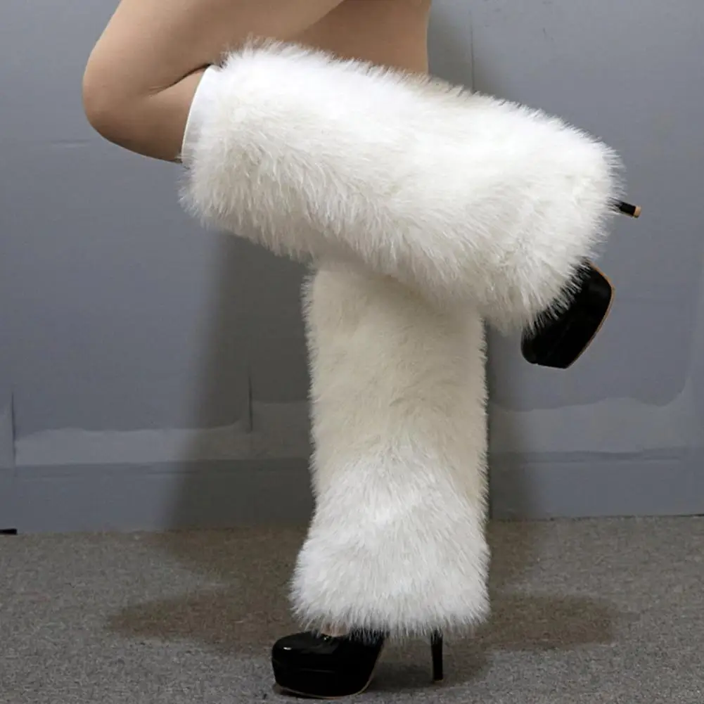 Japanese White Faux Fur Leg Warmers Winter Boot Covers Goth Leg Socks Punk Jk Knee length Hiphop Fashion Warm Stockings