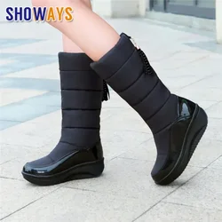 2024 Plush Women Snow Boots High Heels Round Toe Black Brown Down Waterproof Winter Fringe Ladies Mid-calf Platform Wedge Boots